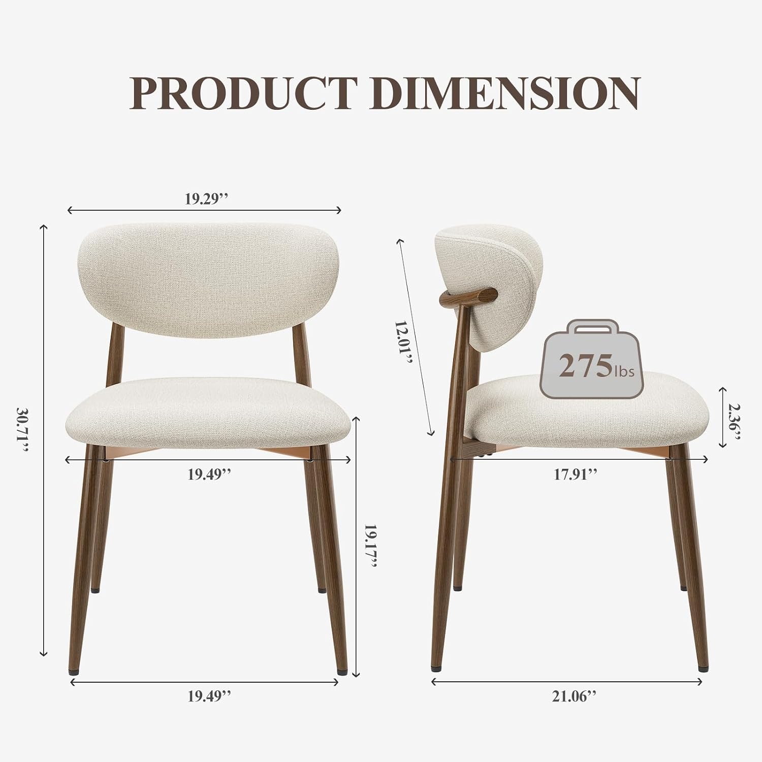 MALOL Dining Chairs Set of 2, Upholstered Dining Room Chairs with Metal Legs and Anti Slip Pads, Curved Back Kitchen Chair for Home and Restaurant Use, Beige
