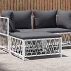Patio Footstool with Cushion, White Woven Fabric Ottoman, Powder-Coated Steel Frame, Thickly Padded Seat for Garden Relaxation