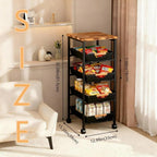 5-Tier Rolling Utility Cart with Wooden Top & Drawers, Metal Frame Storage Organizer with Wheels for Kitchen, Bathroom, Living Room, Office