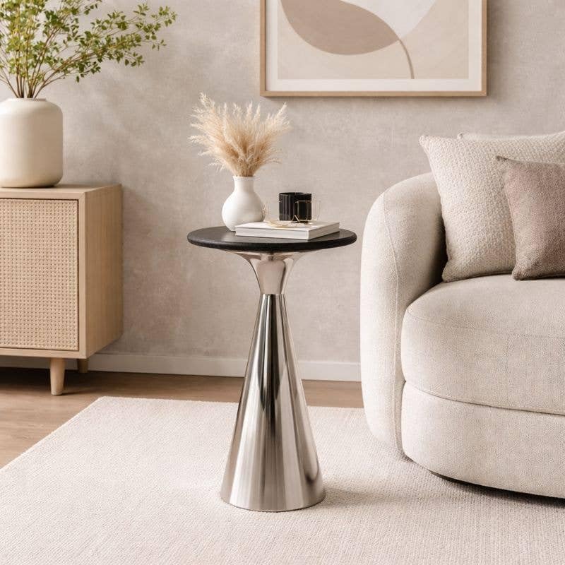 Silver Side Table with Black Marble Top | Decorative Modern End Table | Metal Base | Accent Table for Living Room | 12x12x25.5