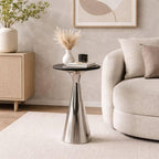 Silver Side Table with Black Marble Top | Decorative Modern End Table | Metal Base | Accent Table for Living Room | 12x12x25.5