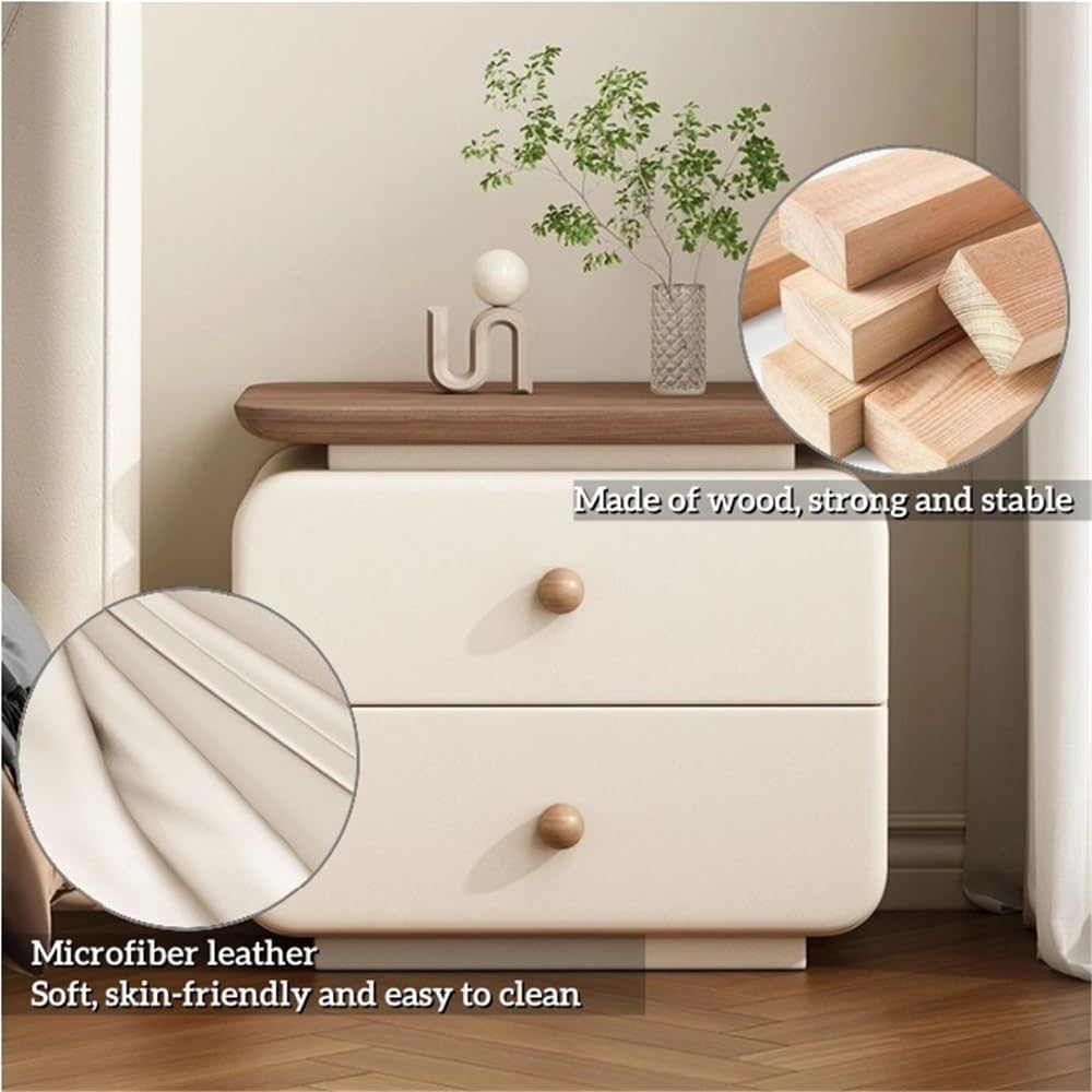 Leather Bedside Table with 2 Drawers, Vintage Wood Nightstand for Bedroom and Living Room