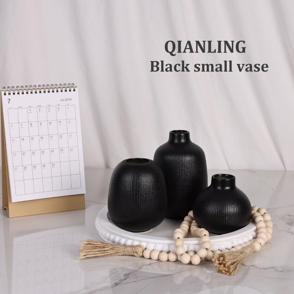 Black Ceramic Vase Set of 3, Minimalist Decor, Home Decorative Vase, Modern Ribbed Vases, Black Vase Set for Kitchen, Bedroom, Office, Living Room, Bathroom, & Shelf Centerpiece Table Decoration
