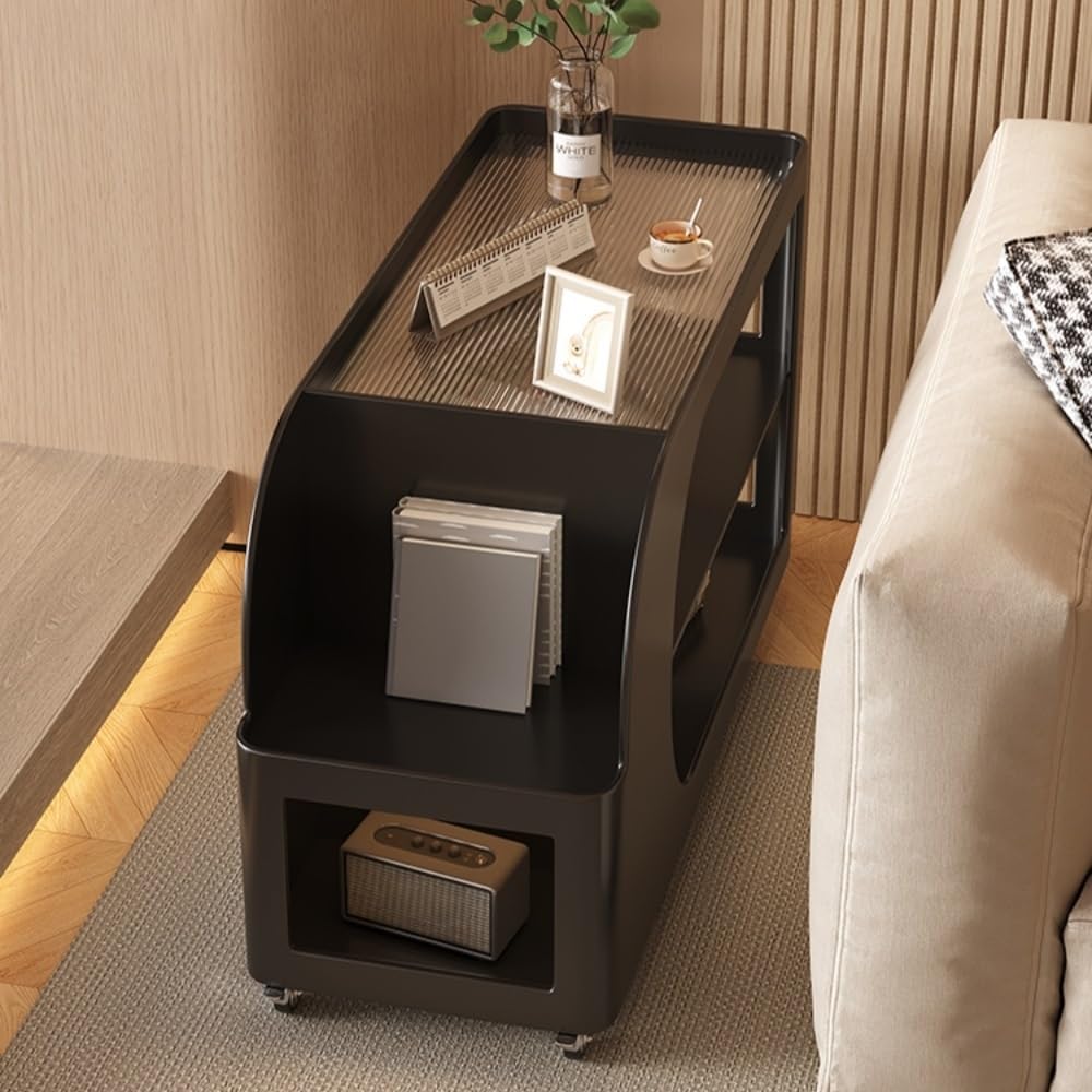 Mobile Sofa Side Table with Wheels, Metal Rolling End Table with Storage, 3-Tier Compact Tea Cart for Living Room, Terrace(Black,Medium)