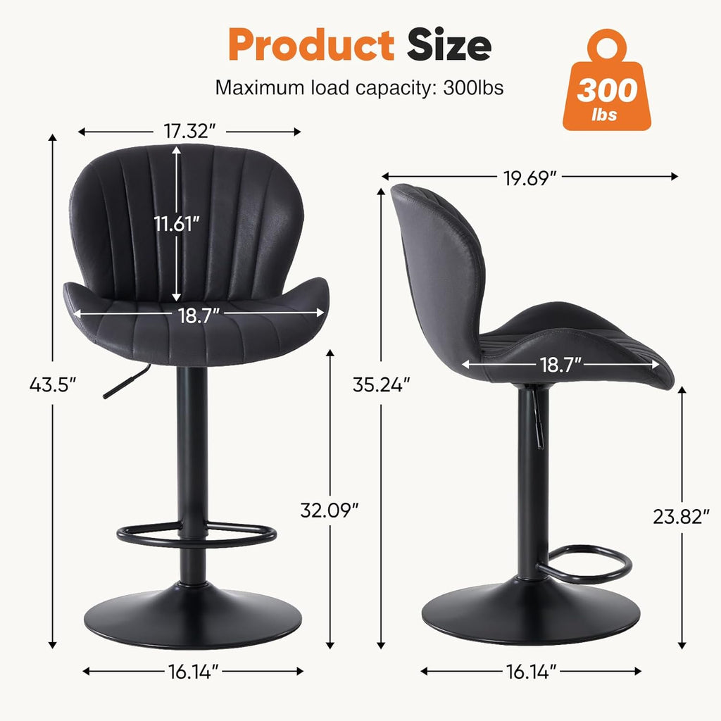 Sweetcrispy Bar Stools Set of 4, Modern Swivel Bar Chairs, Adjustable Fabric Upholstered Barstools Counter Height with Backrest for Kitchen Island, Dining Room, Black