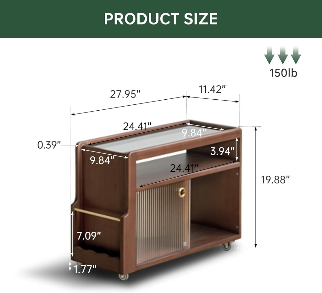 Solid Wood Narrow Side Table with Storage, End Table with Magazine Rack & Glass Door Cabinet, Small Couch Side Table for Living Room, Slim Nightstand for Bedroom, No Assembly