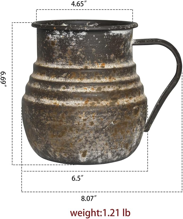 Rustic Metal Farmhouse Vase Shabby Chic Small Pitcher Fall Vase Brown Decorative Vase for Farmhouse Kitchen Decor