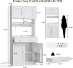 Korfile 71" Tall Kitchen Pantry Storage Cabinet with Power Outlet & LED Light, Freestanding Food Pantry Cabinet with 4 Doors and Shelves, Cupboard with Drawer, Hutch with Microwave Stand, White