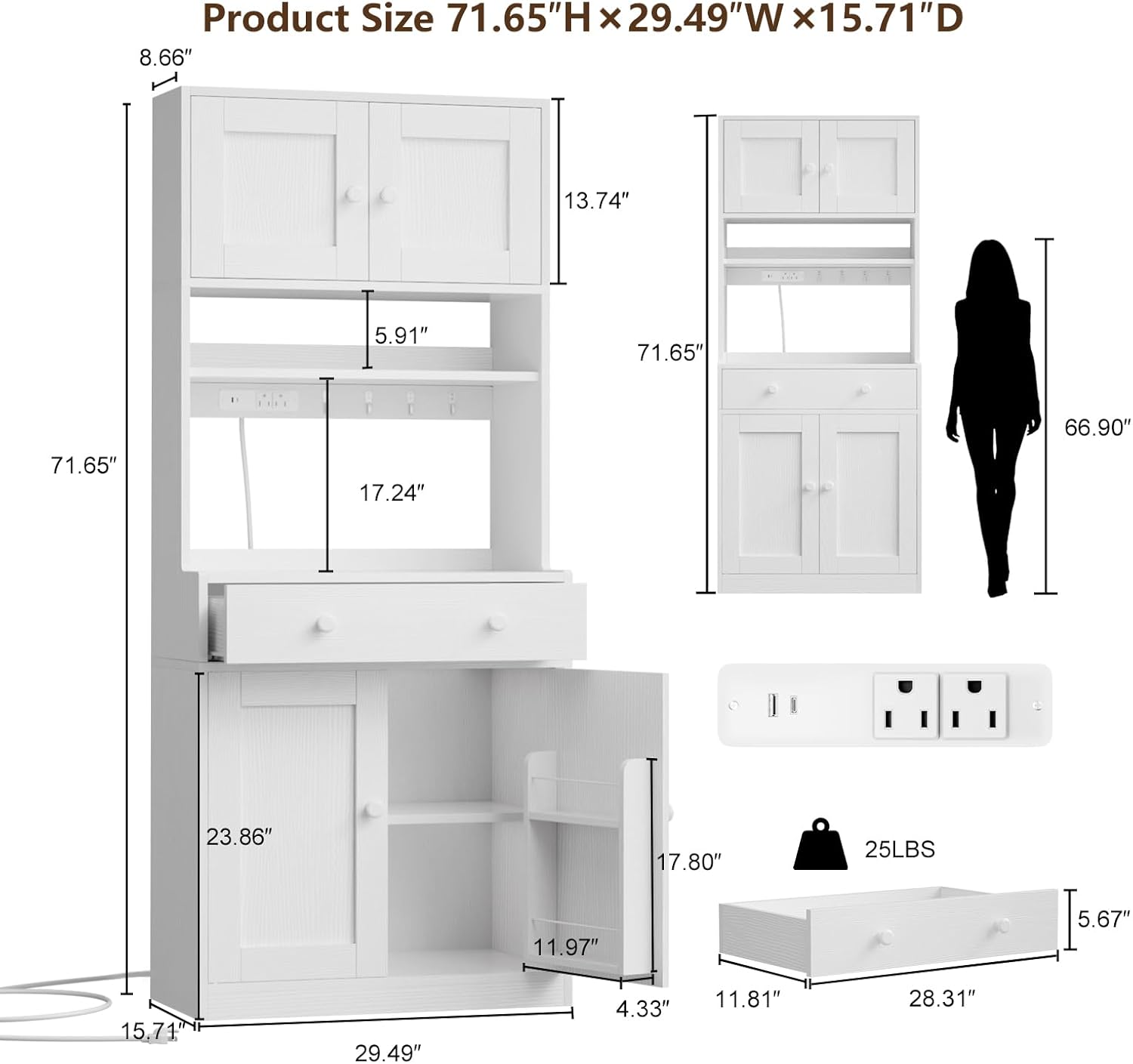 Korfile 71" Tall Kitchen Pantry Storage Cabinet with Power Outlet & LED Light, Freestanding Food Pantry Cabinet with 4 Doors and Shelves, Cupboard with Drawer, Hutch with Microwave Stand, White