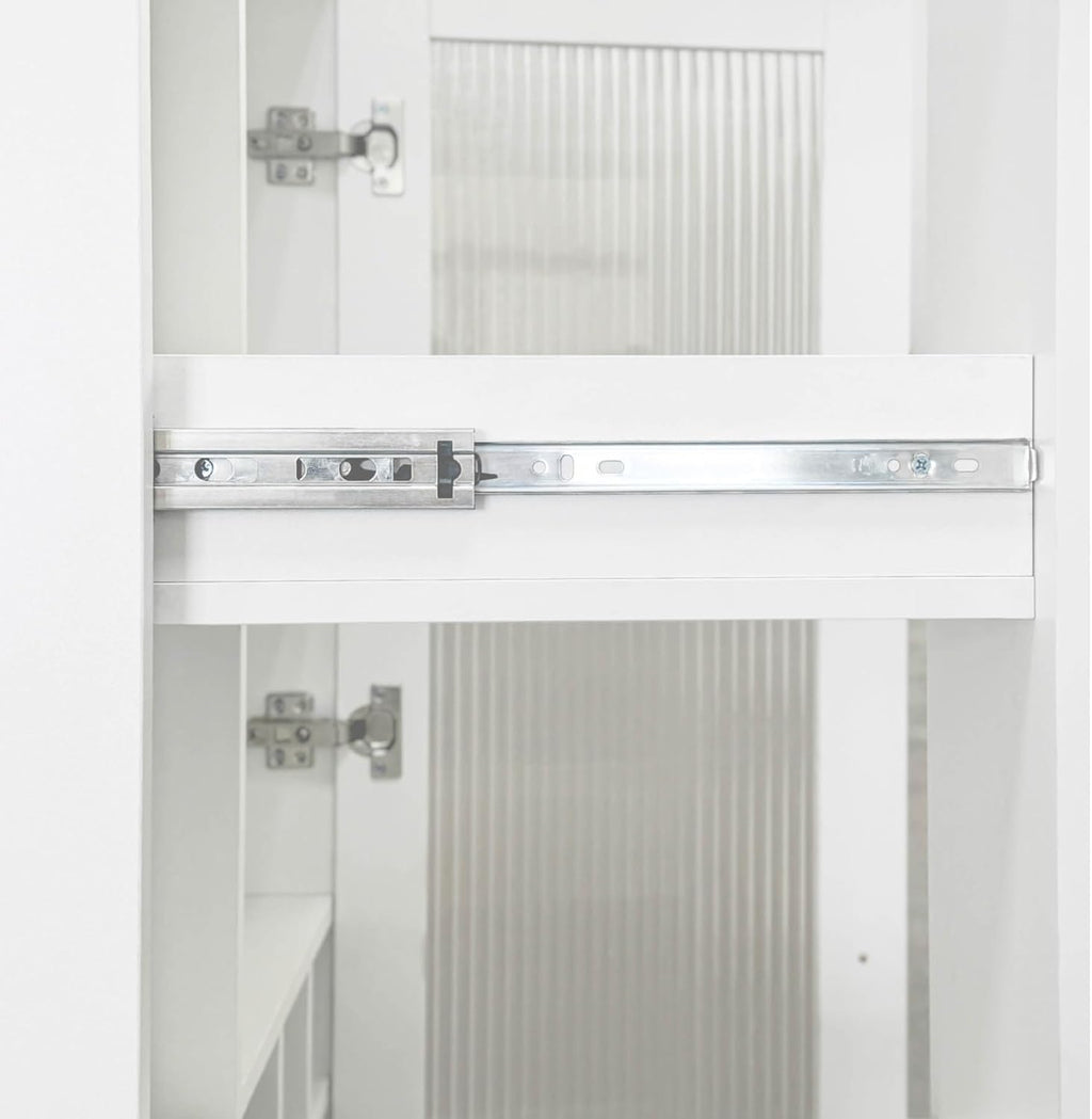 Kitchen Pantry Cabinet with Pull-Out Shelves, Farmhouse Storage Cabinet with Glass Doors, Freestanding Pantry Organizer and Bar Cabinet for Kitchen, Dining Room & Living Room, White