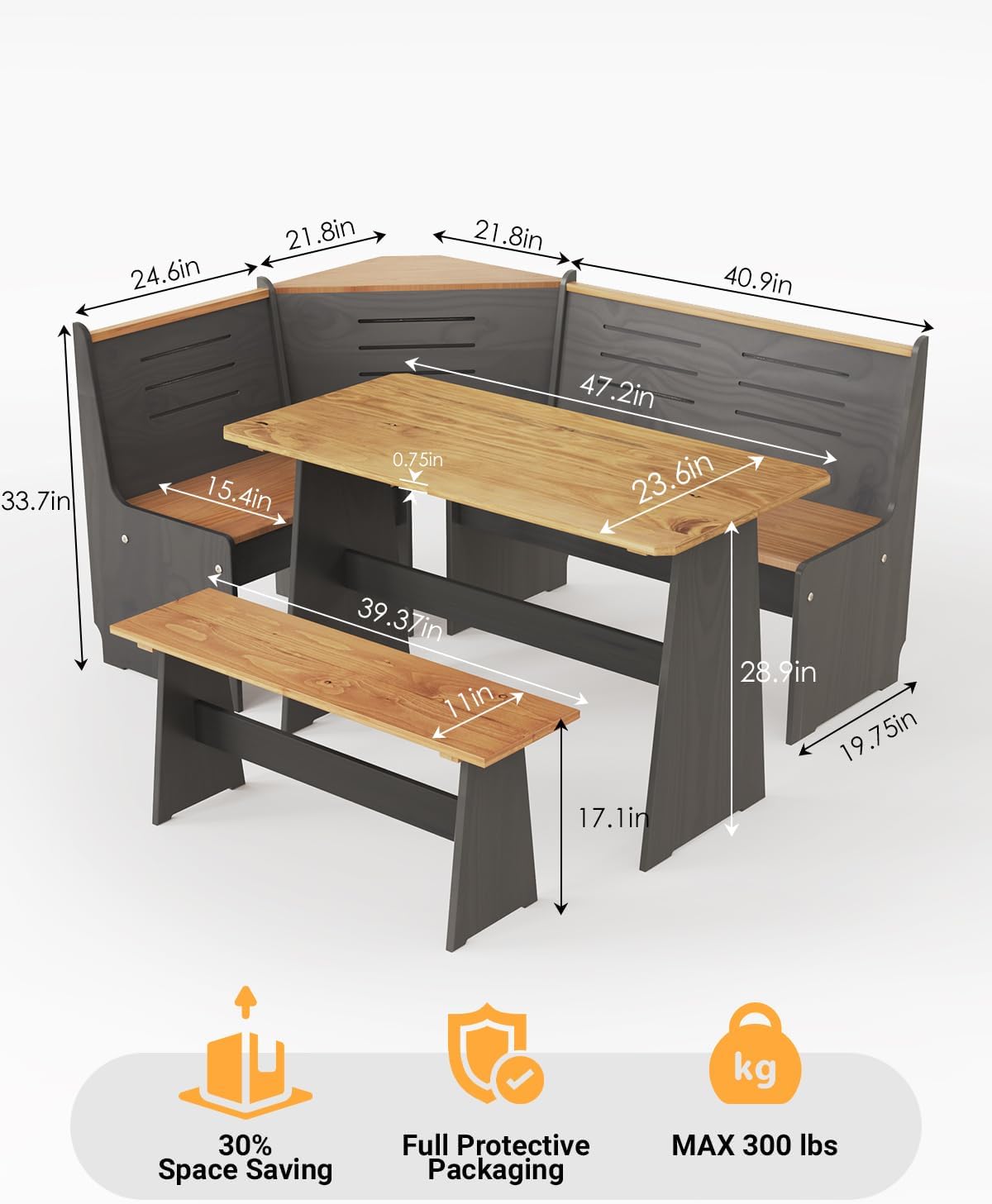 Breakfast Nook Table Set - Reinforced Packaging - Corner Kitchen Dining Table Set for 4-6 People, Solid Pine Wood with L-Shaped Bench Modern Farmhouse Dining Room Set, Coal Black