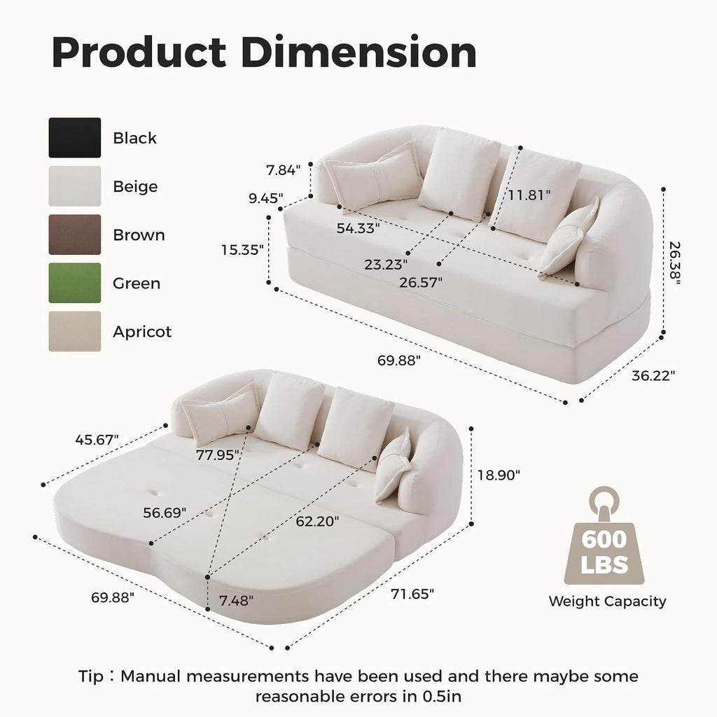 70" Convertible Sofa Bed, 2-in-1 Boneless Sleeper Sofa, Soft Chenille Folding Sofa Loveseat with 4 Pillows, Love Seat Small Couch for Small Spaces, Living Room, Bedroom, No Assembly