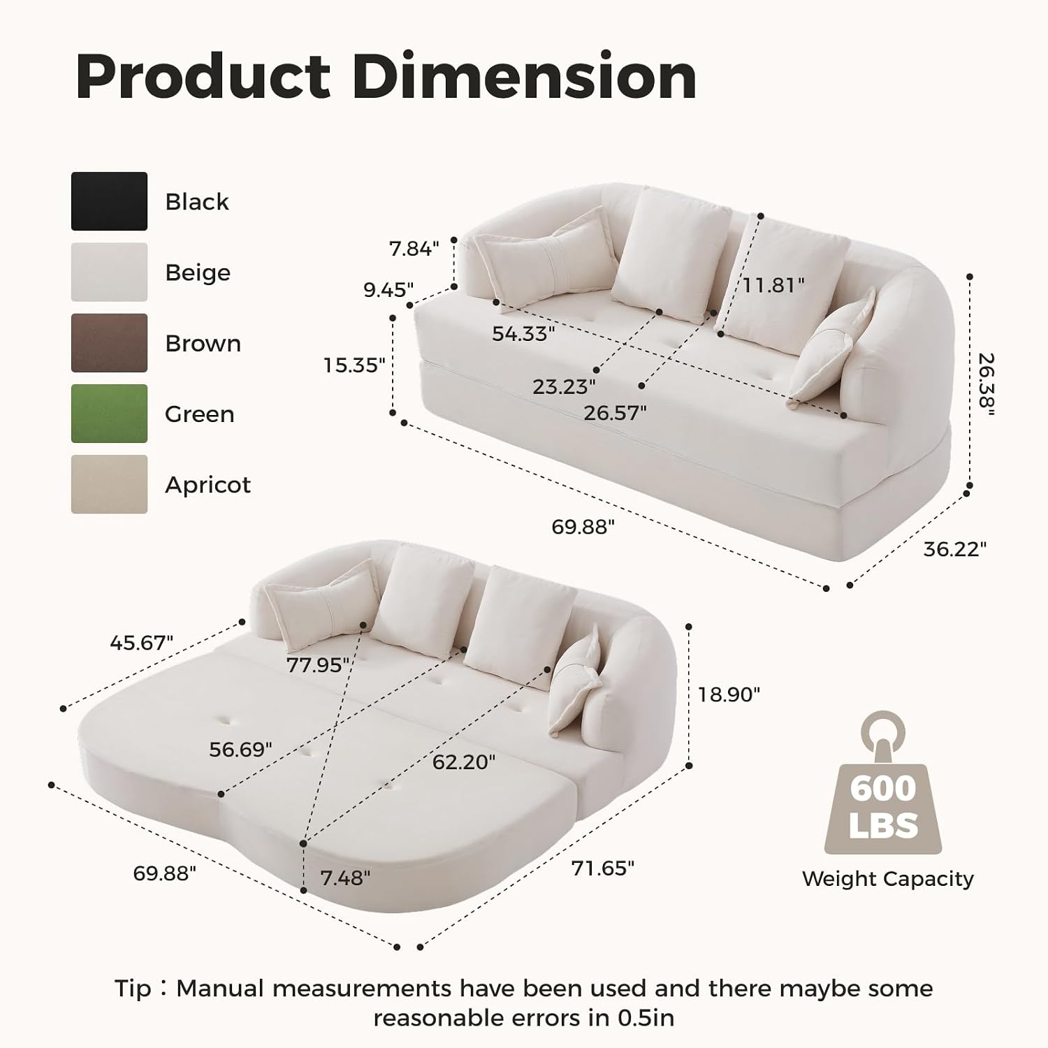 70" Convertible Sofa Bed, 2-in-1 Boneless Sleeper Sofa, Soft Chenille Folding Sofa Loveseat with 4 Pillows, Love Seat Small Couch for Small Spaces, Living Room, Bedroom, No Assembly