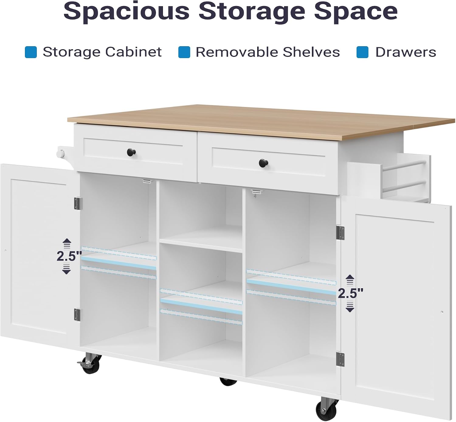 Furnify Kitchen Island with Wheels & Drawers, Kitchen Island Cart, White | Rolling Kitchen Island with Drop Leaf, Mobile Kitchen Storage Cabinet with Towel Rack & Spice Rack for Dining Room, Kitchen