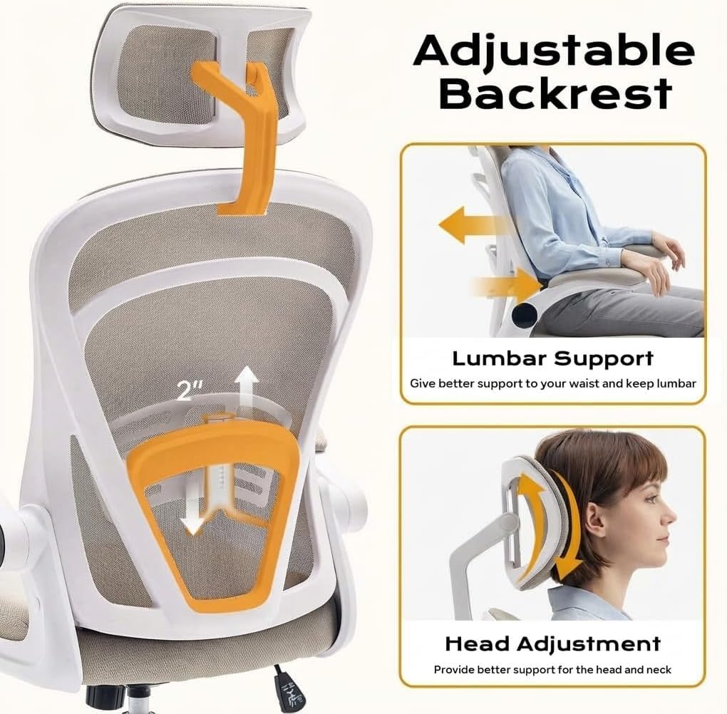 Ergonomic Office Chair for Long Hours & Back Pain Relief, Home Office Desk Chair Comfy with Flip-Up Armrests &Comfortable Lumbar Support Gaming Chairs for Bedroom,Study,Student,Wide Seat.White