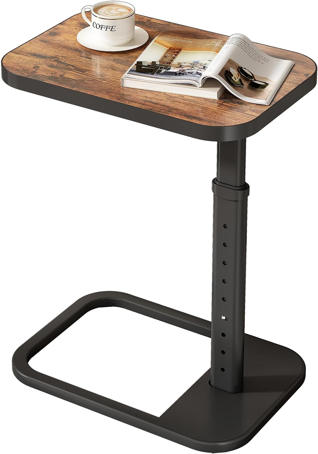 Kitstorack Adjustable Height C-Shaped End Table, 9-Level Side Table with Thickened Metal Rounded Edge, Couch Table Slides Under Sofa or Bed, Eating, Working, TV Tray Table for Small Spaces, Brown