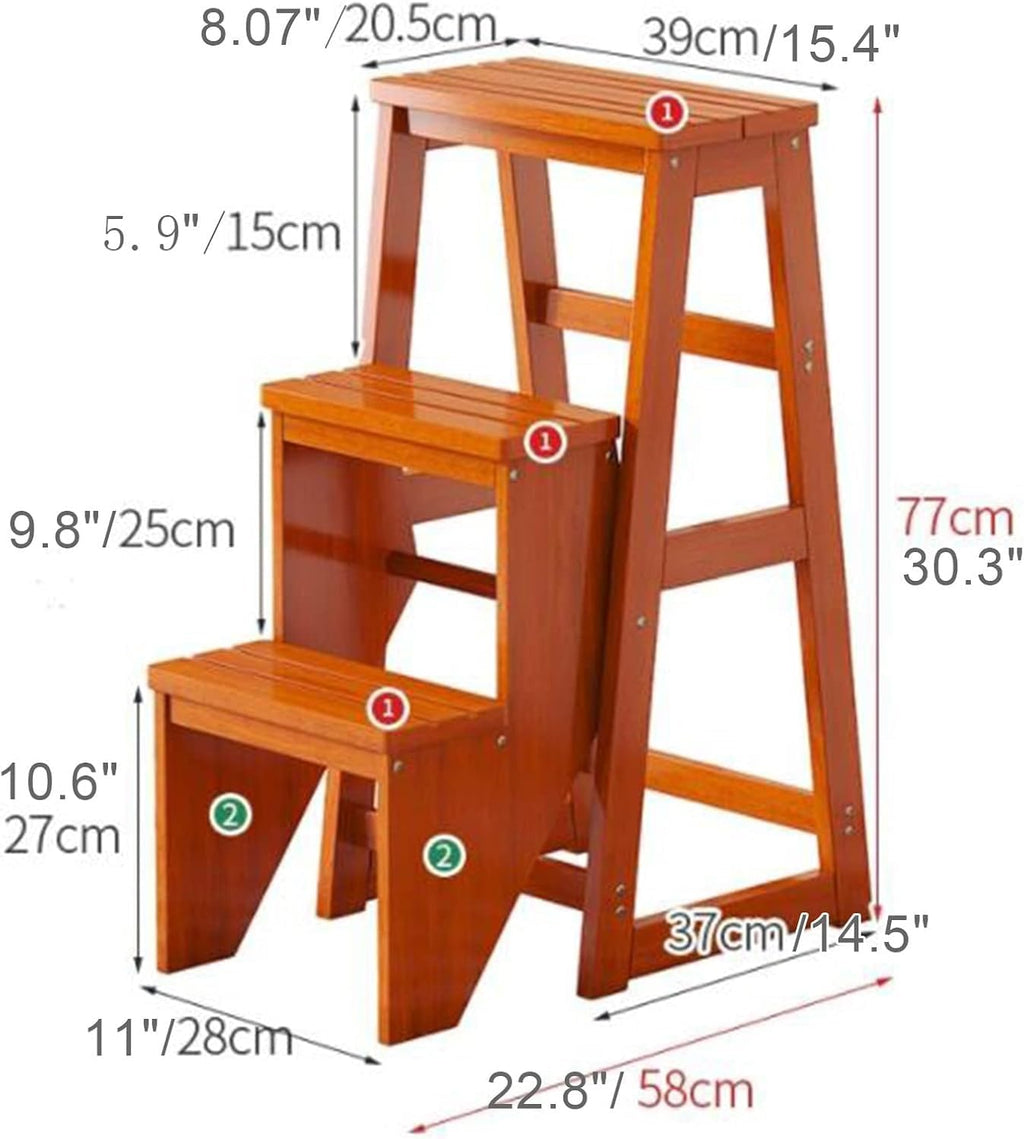 3 Step Solid Wood Folding Ladder Chair Portable Wooden Step Stool for Adults Office Home Kitchen Outdoor(Burgundy,77cm)