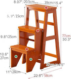 3 Step Solid Wood Folding Ladder Chair Portable Wooden Step Stool for Adults Office Home Kitchen Outdoor(Burgundy,77cm)