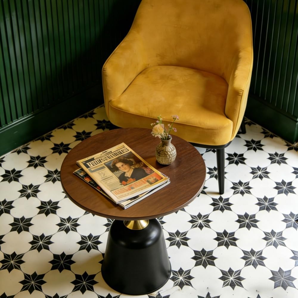 Round Side Table, 23.6 Inch, Walnut Wood Top with Black and Gold Metal Base, Modern Living Room End Table