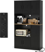 LOKO 71” Tall Kitchen Pantry Cabinet with Charging Station, Wooden Buffet Cupboard Sideboard with Microwave Stand & Doors, Modern Storage Cabinet for Dining Room, Living Room (Black)