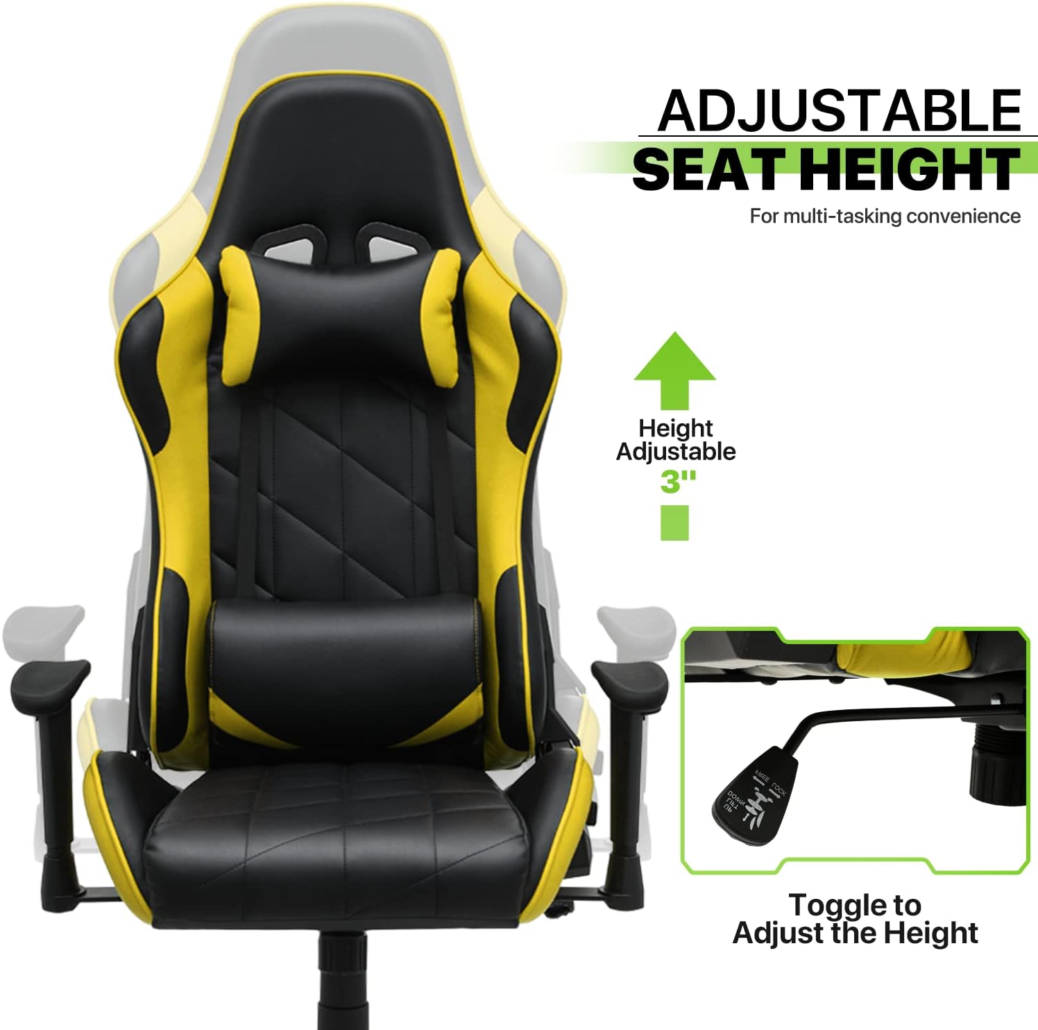 Magshion Gaming Chair, 90°-130° Reclining High-Back Gaming Chair with Lumbar Support, Ergonomic Adult Adjustable-Height Recliner for Home Office, 250 LBS Capacity, Yellow