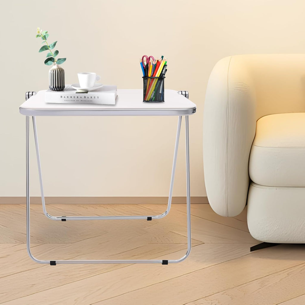 Foldable Side Table 27 Inch - Clear Tea Tinted Portable Desk｜Space-Saving Nesting Table w/Dual-Axle Joint｜Bedside End Table for Small Apartments & Home Office (NO-Transparency White)
