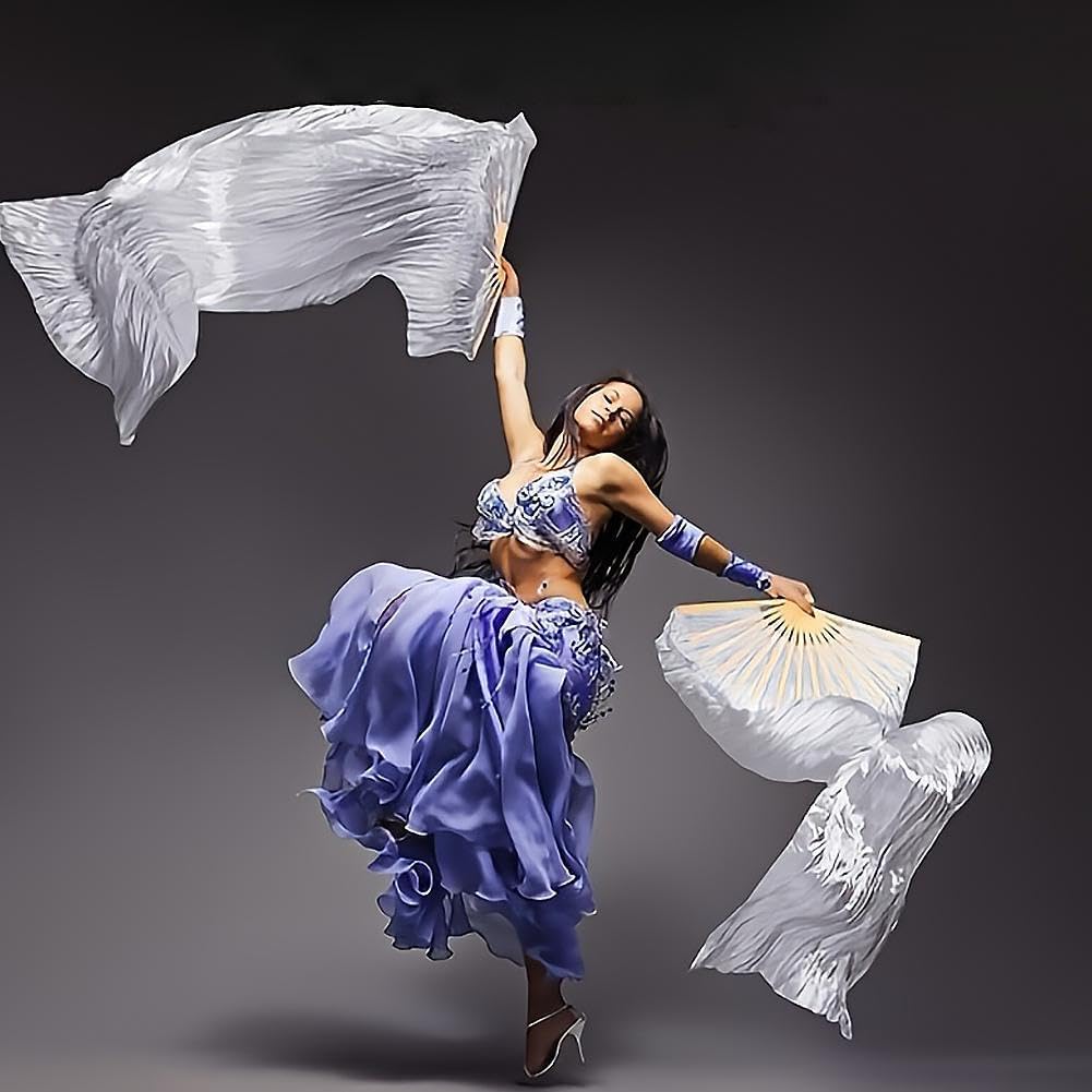 1 Pair Dance Fans for Belly Dance,Bellydance Faux Silk Veil Fan,Handmade FauxSilk Fan Colorful Long Streamers VeilFan,1.2m Artificial Silk Bamboo Foldable Fans,for Dancing Performances