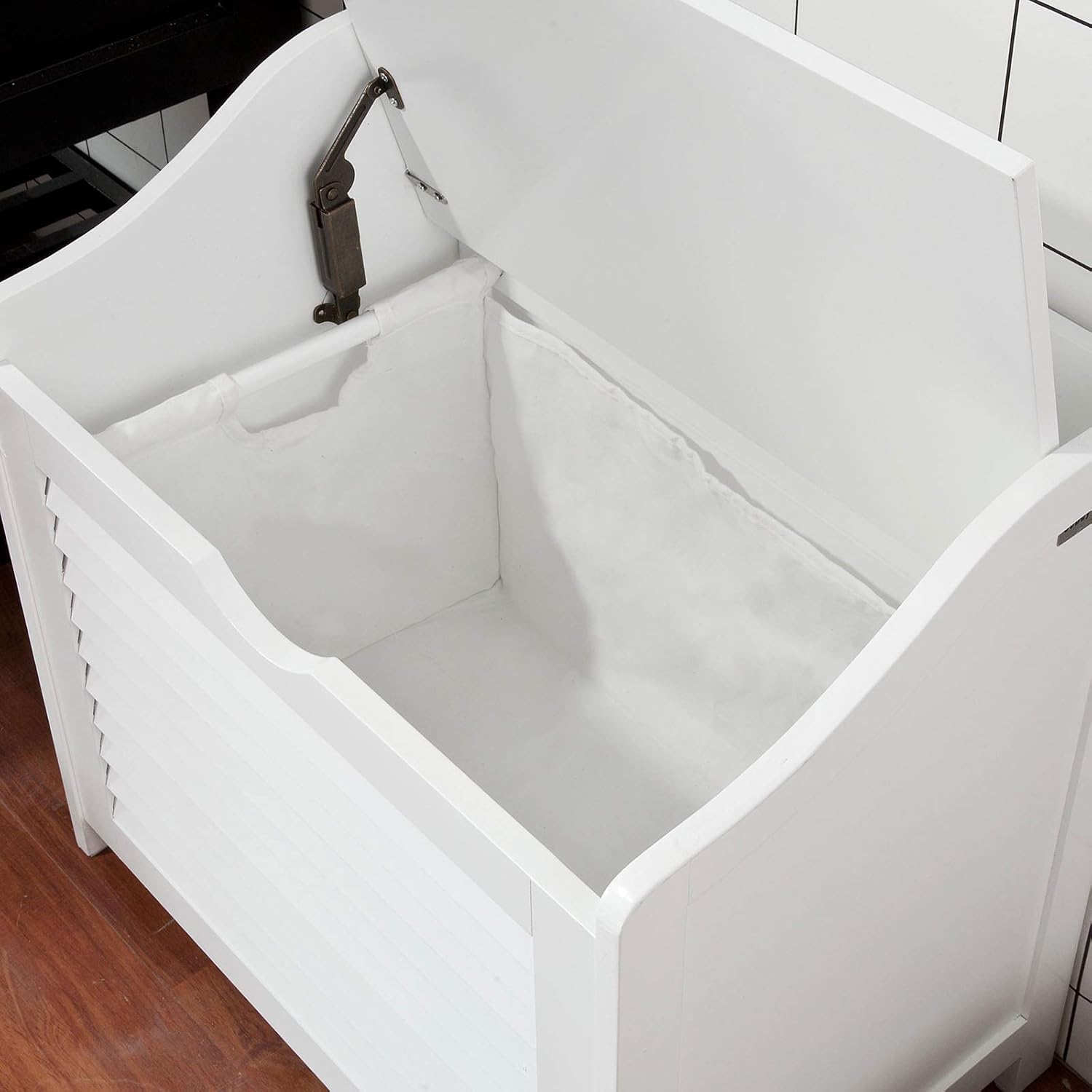 SoBuy Small Storage Bench with Laundry Hamper – Multi-Functional Bench with Removable Bag and Lid – Hidden Toy Chest, Blanket Storage Organizer for Bathroom, Bedroom, or Entryway – White, FSR40-W