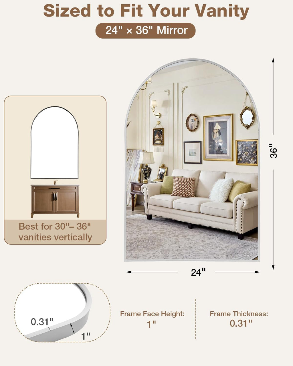 24x36 Inch Arched Bathroom Mirror, Wall Mounted Arch Vanity Mirror for Over Sink, Tempered Glass, Brushed Nickel Aluminum Frame, for Bathroom Bedroom Entryway Living Room
