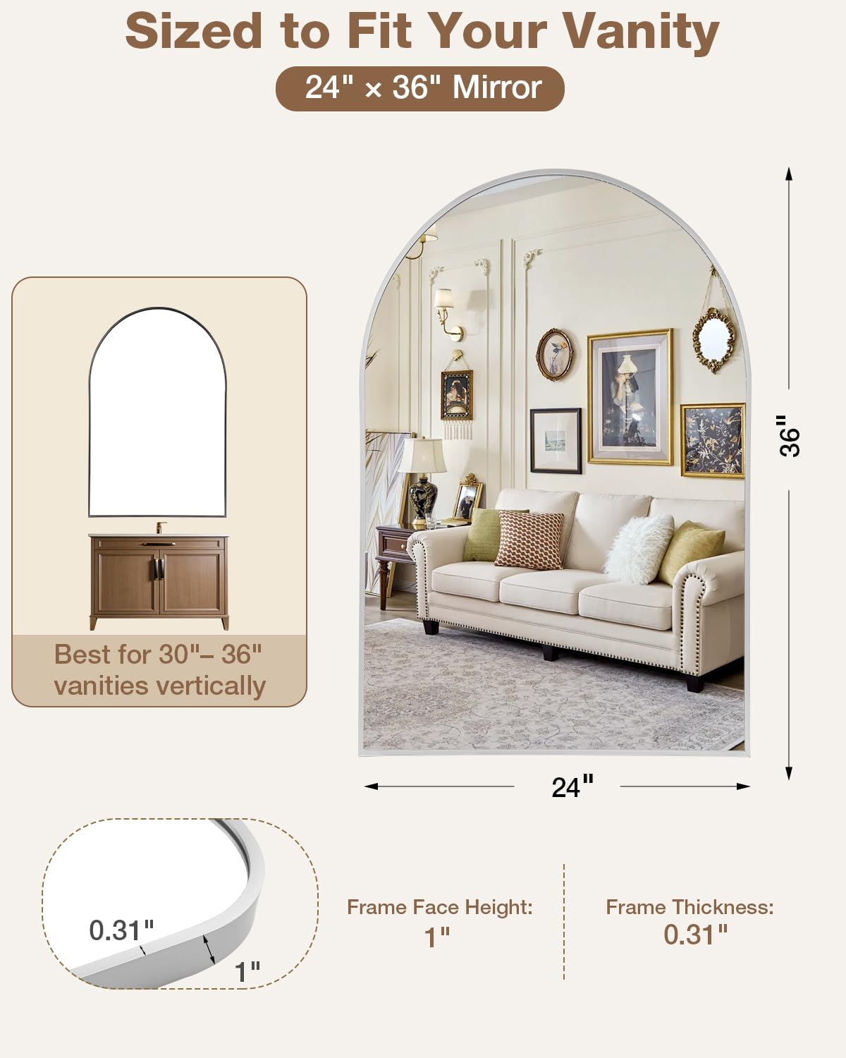 24x36 Inch Arched Bathroom Mirror, Wall Mounted Arch Vanity Mirror for Over Sink, Tempered Glass, Brushed Nickel Aluminum Frame, for Bathroom Bedroom Entryway Living Room