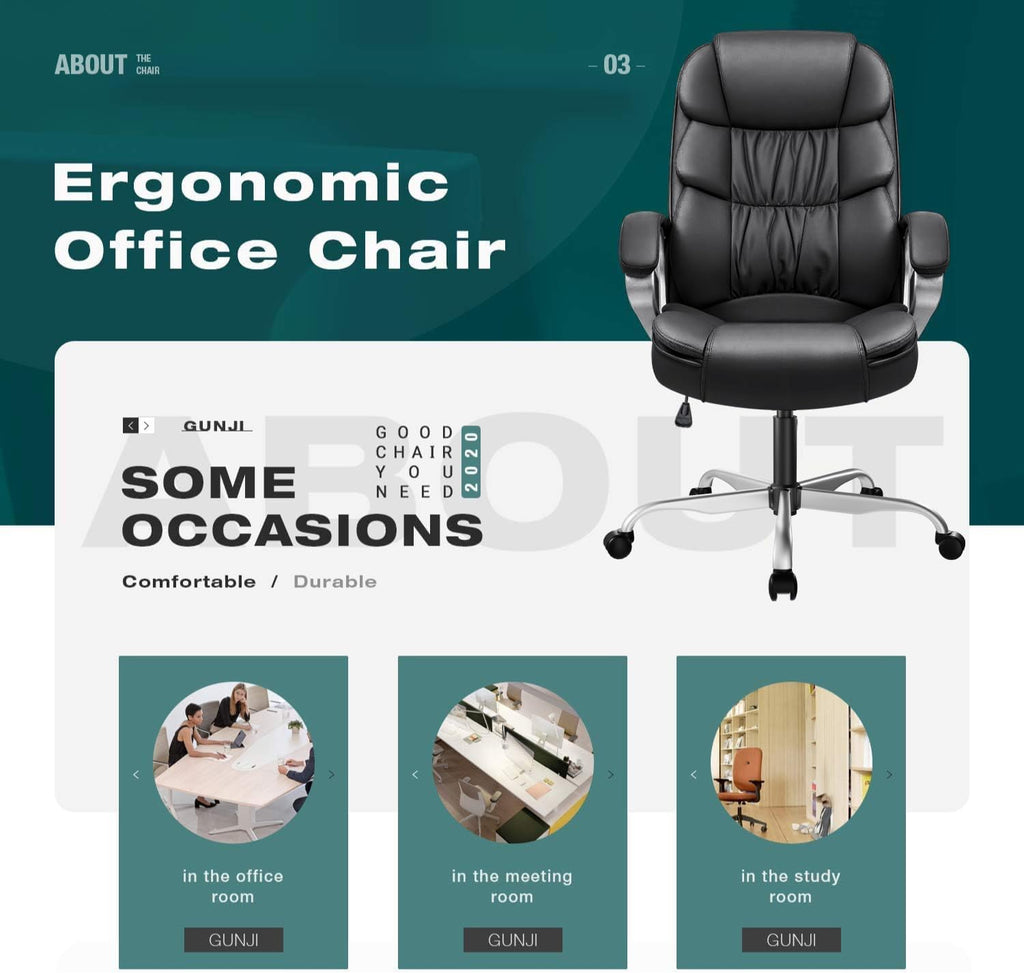 GUNJI Office Chair PU Leather High Back Executive Chair Ergonomic Computer Chair, Modern Adjustable Home Desk Chair Swivel Managerial Chair with Padded Armrests and Lumbar Support (Black)
