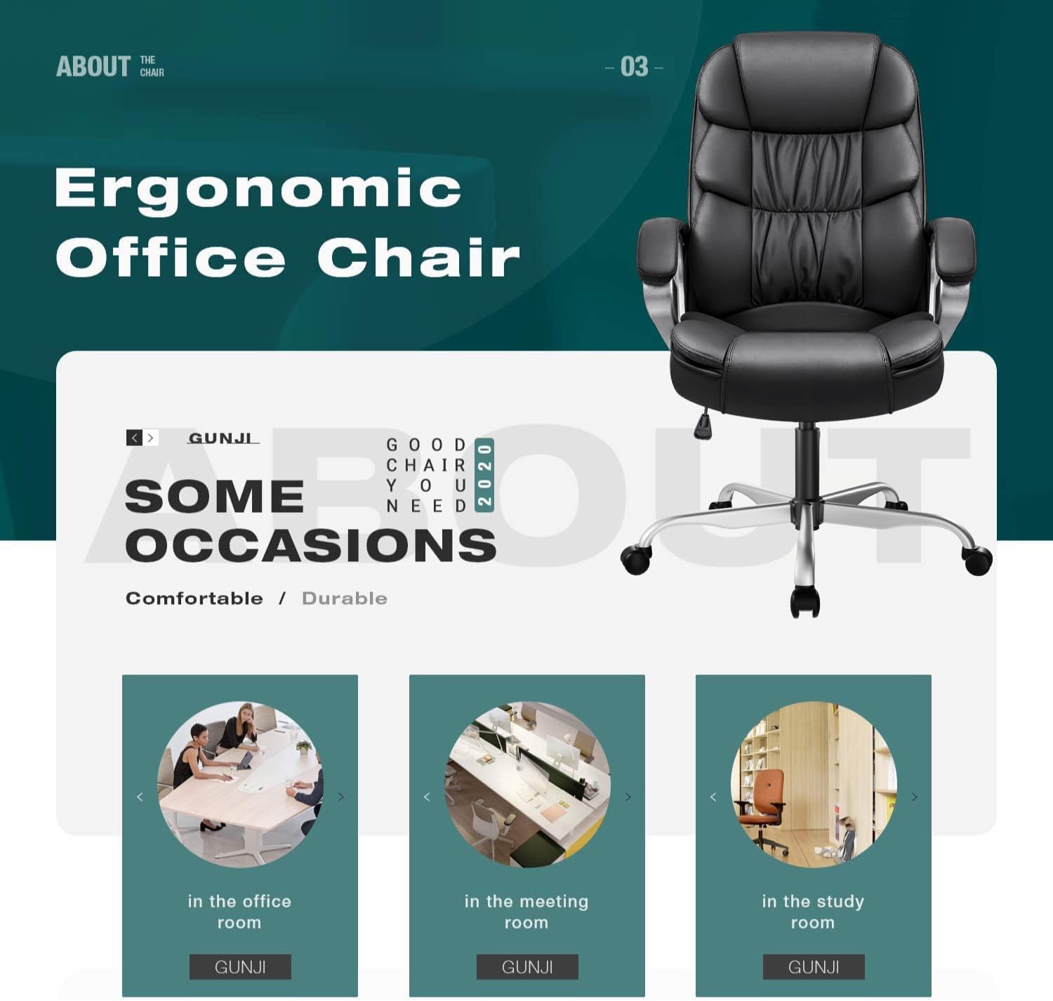 GUNJI Office Chair PU Leather High Back Executive Chair Ergonomic Computer Chair, Modern Adjustable Home Desk Chair Swivel Managerial Chair with Padded Armrests and Lumbar Support (Black)