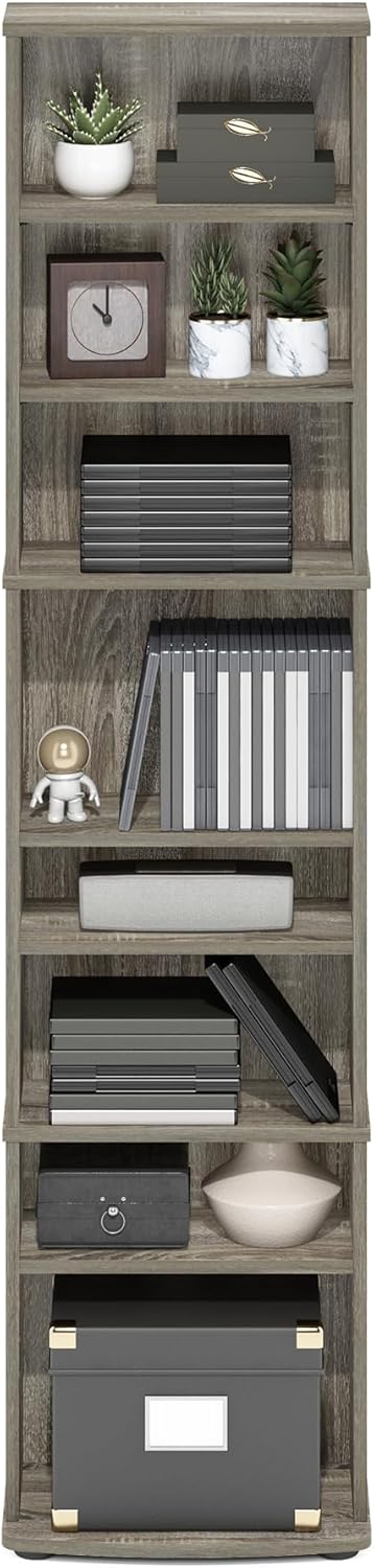 Furinno Jaya DVD Shelf, 8-Tier Tall Narrow CD Rack, Media Shelf with Adjustable Shelves, DVD Storage Cabinets for CD Blueray Game Disc, Easy Assembly, for Living Room, Home Office, French Oak