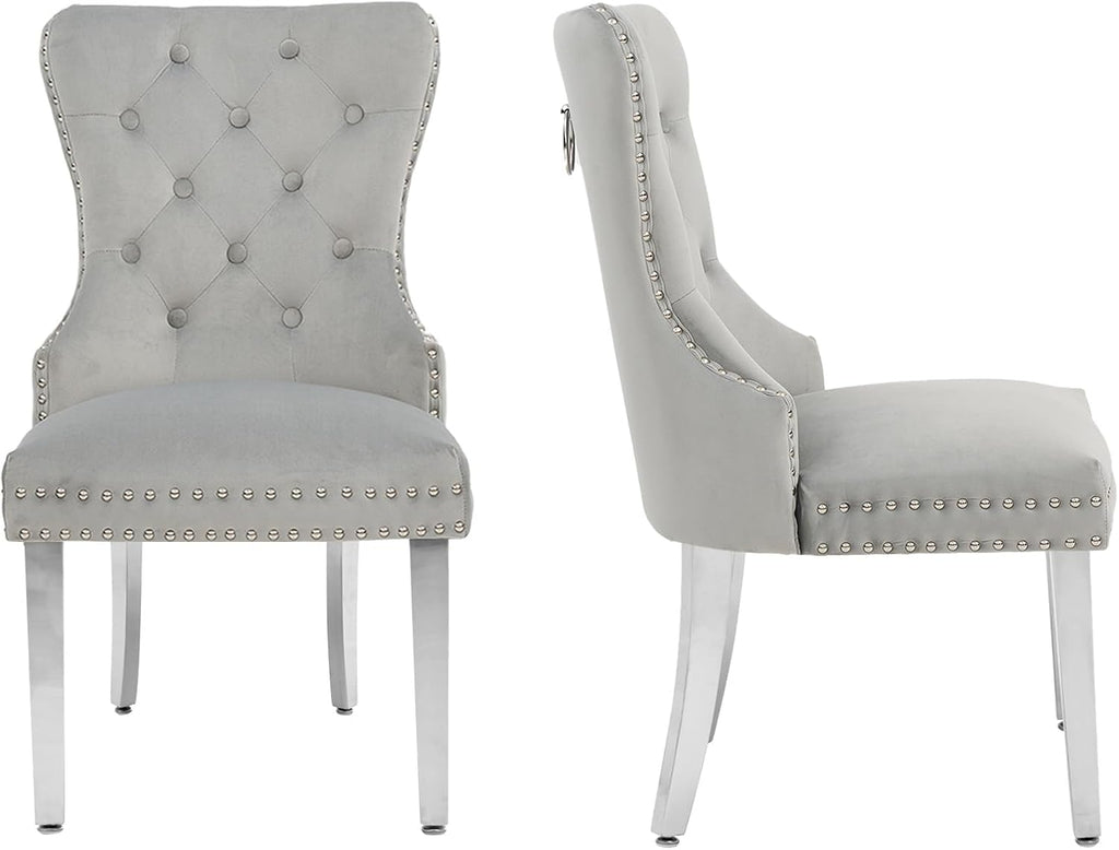 adochr Velvet Dining Chairs Set of 2, Tufted Upholstered Dining Room Chair with Pull Ring and Stainless Steel Legs, Kitchen Chairs 350 LBS Capacity, Light Grey