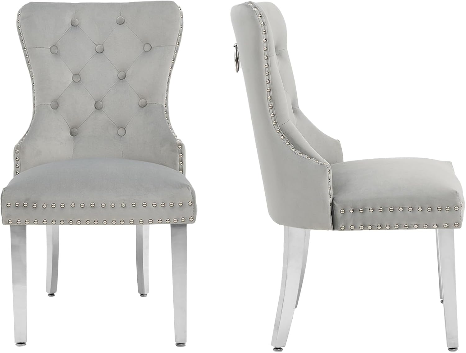 adochr Velvet Dining Chairs Set of 2, Tufted Upholstered Dining Room Chair with Pull Ring and Stainless Steel Legs, Kitchen Chairs 350 LBS Capacity, Light Grey
