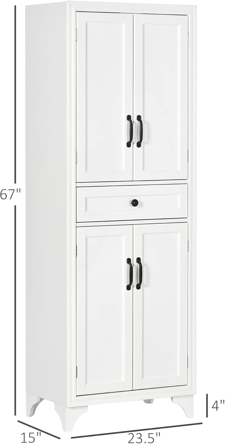 67" Tall Kitchen Pantry Cabinet, 4-Door Storage with Drawer & Adjustable Shelves, Stylish White Cabinet for Dining Room