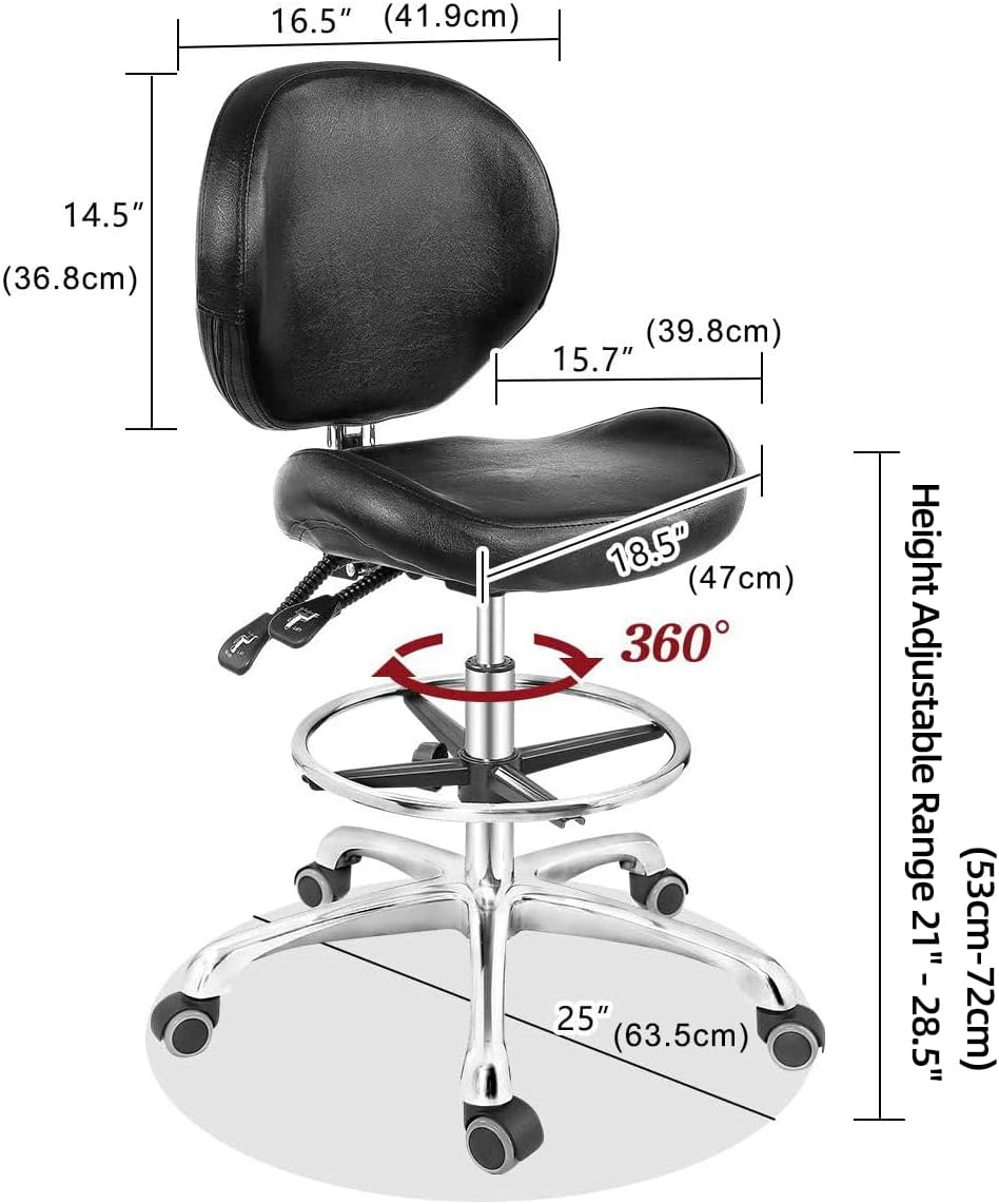 Grace&Grace Drafting Chair Adjustable Tall Shop Stool, Rolling Chair with Backrest and Footrest for Computer, Studio, Workshop, Classroom, Lab, Counter, Home Office (Black)