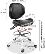 Grace&Grace Drafting Chair Adjustable Tall Shop Stool, Rolling Chair with Backrest and Footrest for Computer, Studio, Workshop, Classroom, Lab, Counter, Home Office (Black)