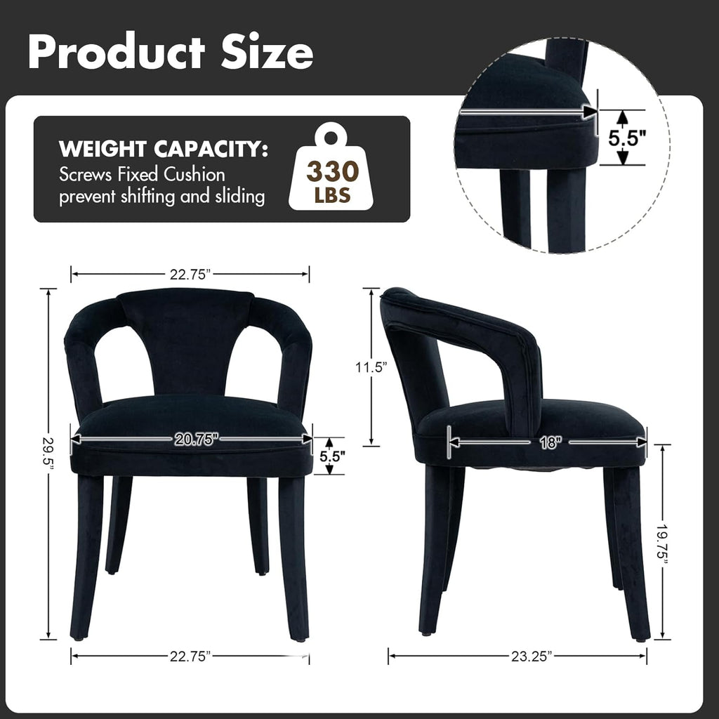 Hyfirm Black Velvet Dining Chairs Set of 2, Modern Upholstered Accent Chairs with Curved Back & Arms, Comfy Large Fully Upholstered Side Chair for Living Room