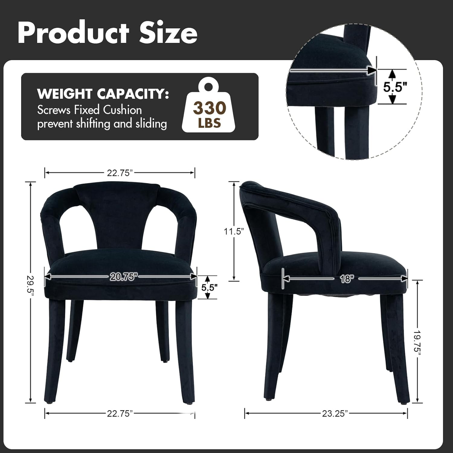 Hyfirm Black Velvet Dining Chairs Set of 2, Modern Upholstered Accent Chairs with Curved Back & Arms, Comfy Large Fully Upholstered Side Chair for Living Room