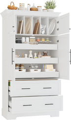 Farmhouse Pantry Cabinet, Tall Freestanding Kitchen Storage Cabinet with Pull-Out Trays, Drawers and Cake Pan Storage Organizer for Dining Room (White)