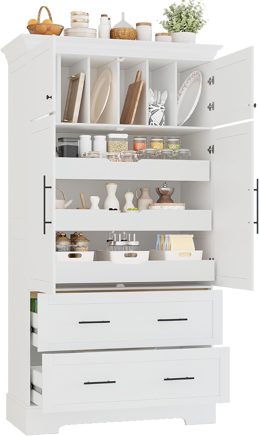 Farmhouse Pantry Cabinet, Tall Freestanding Kitchen Storage Cabinet with Pull-Out Trays, Drawers and Cake Pan Storage Organizer for Dining Room (White)