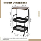 ZALIR 3 Tier Metal Rolling Utility Cart, Movable Storage Trolley with Wooden Table Top, Lockable Wheels, Multifunctional Organizer for Kitchen, Bathroom, Living Room & Bedroom (Black)