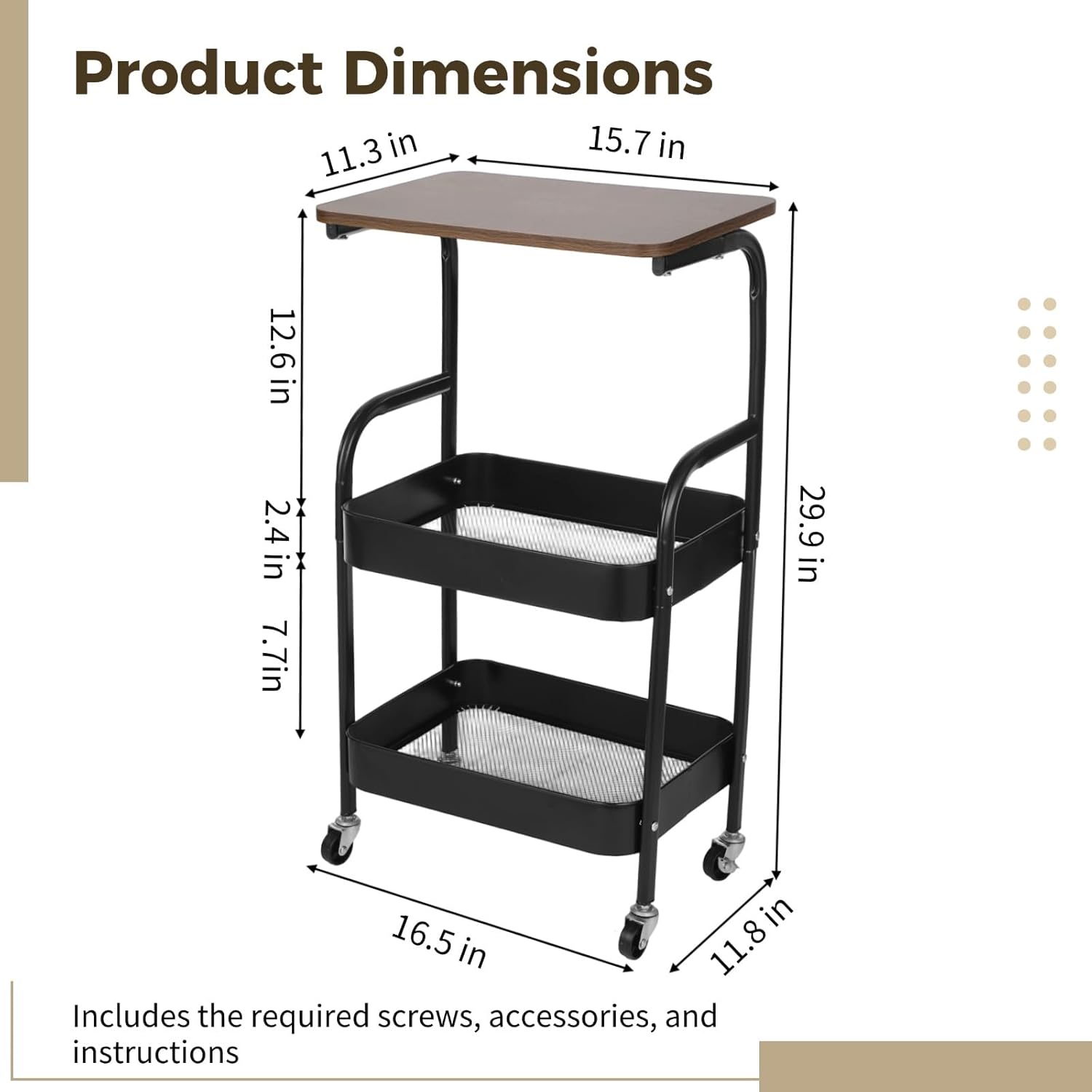 ZALIR 3 Tier Metal Rolling Utility Cart, Movable Storage Trolley with Wooden Table Top, Lockable Wheels, Multifunctional Organizer for Kitchen, Bathroom, Living Room & Bedroom (Black)