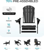 Ciokea Folding Adirondack Chair Wood Texture 2 Pack, Patio Adirondack Chair Weather Resistant, Plastic Fire Pit Chair with Cup Holder, Lawn Chair for Outdoor Porch Garden Backyard Deck (Black)