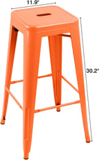 Furniwell 30 Inches Metal Bar Stools High Backless Tolix Indoor-Outdoor Stackable Barstool with Square Counter Seat Set of 4 (Orange)