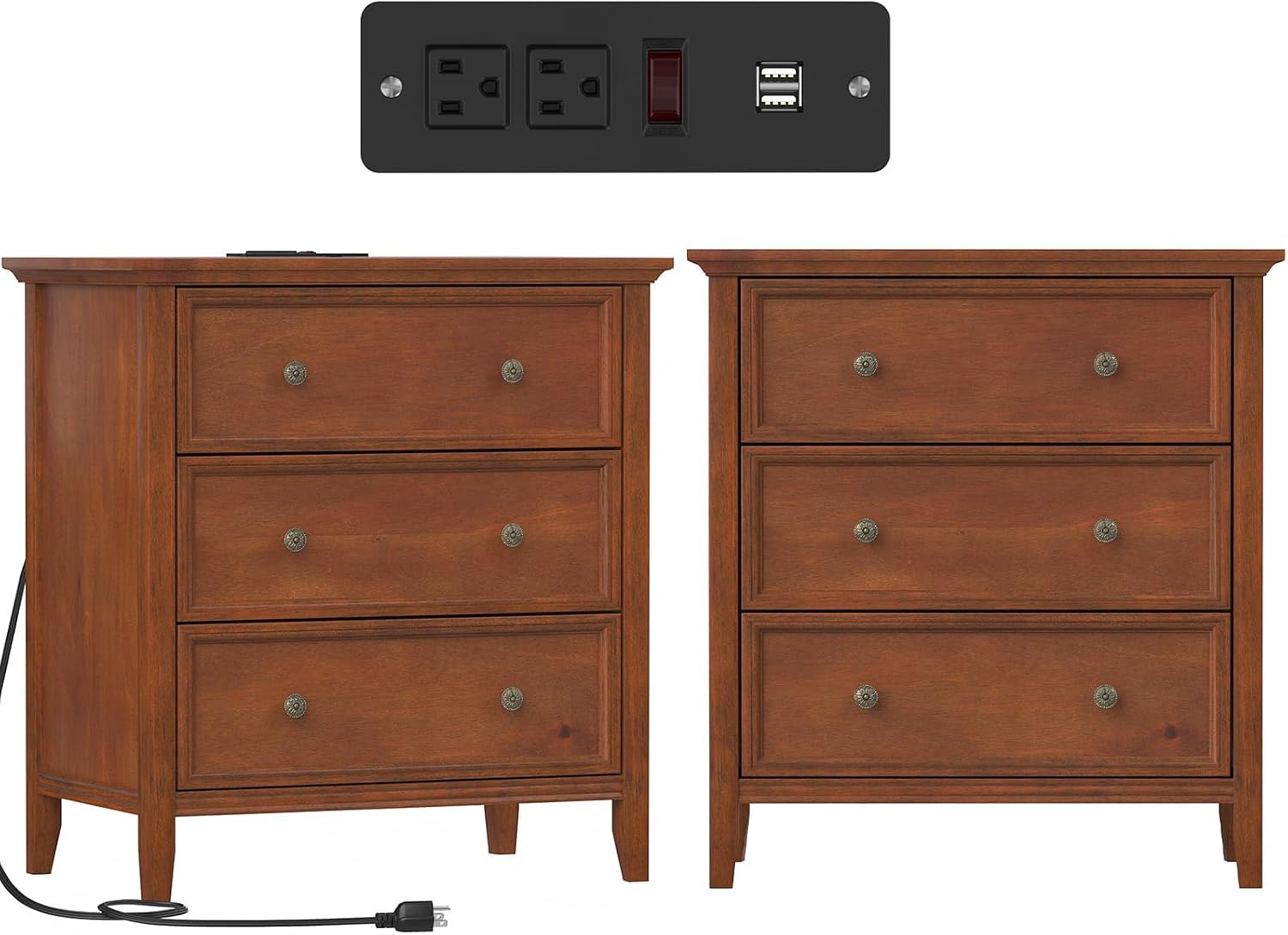 IKENO Solid Wood Nightstand Set of 2，Bed Side Table with Charging Station, Farmhouse Night Stand with 3 Storage Drawers for Bedroom, 27.6" W x 16.8" D x 26.8" H, Walnut