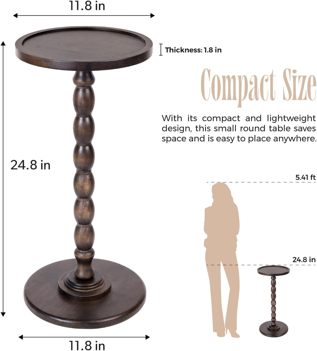 Solid Wood Round Pedestal Side Table with Tray-Top Rim – Bobbin Turned Accent End Table for Living Room, Bedroom – Compact Small Round Drink Table with Stable Base, Nightstand with Table Solid Wood