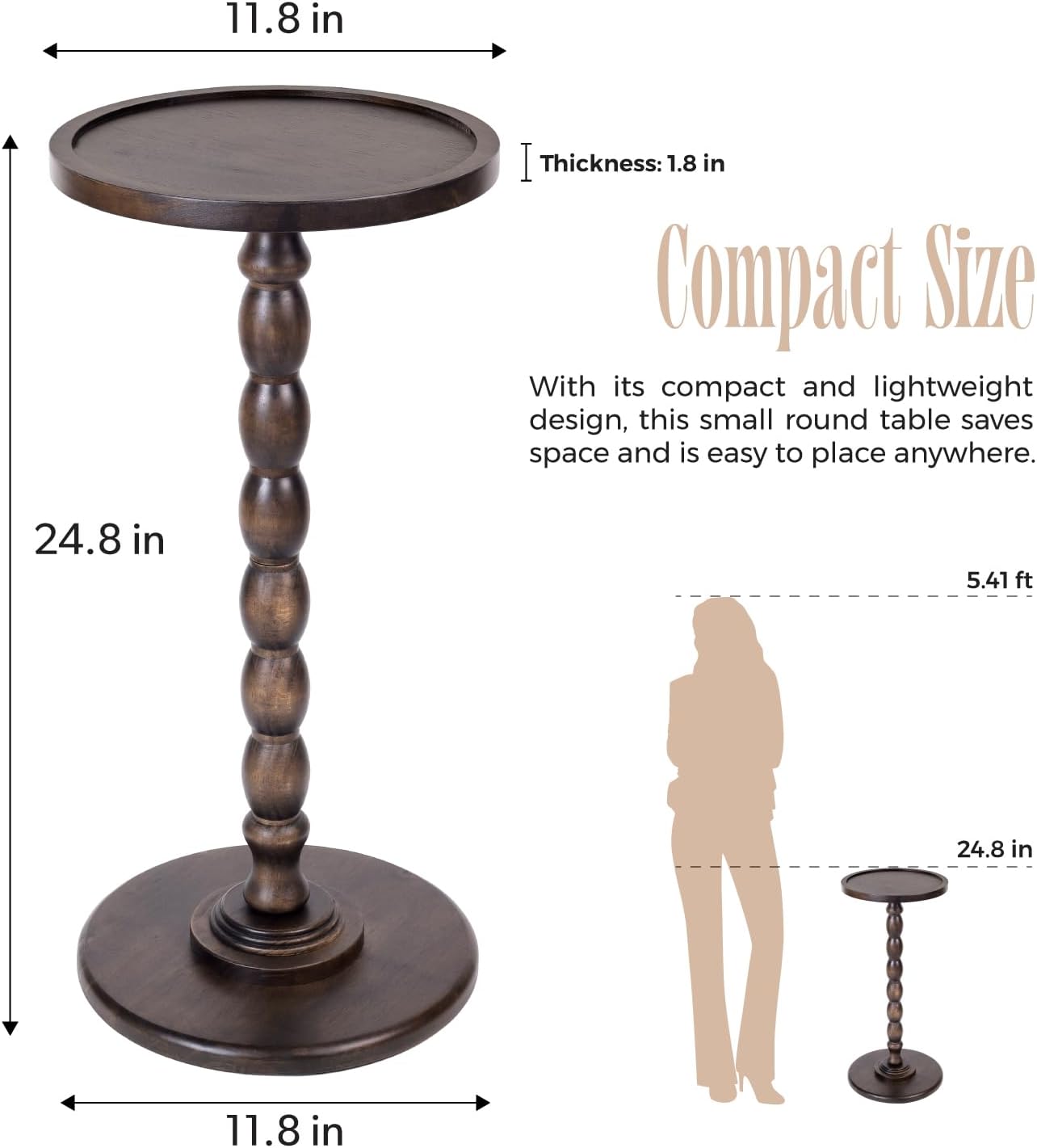 Solid Wood Round Pedestal Side Table with Tray-Top Rim – Bobbin Turned Accent End Table for Living Room, Bedroom – Compact Small Round Drink Table with Stable Base, Nightstand with Table Solid Wood