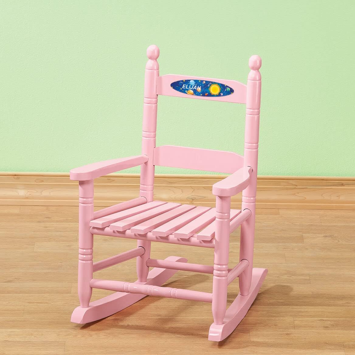 Fox Valley Traders Custom Space-Themed Children's Rocking Chair, Durable Wood - Measures 14 1/2" Wide x 11 1/2" Deep; 22 1/2" Overall Height, Pink Font
